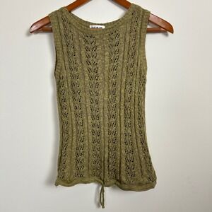 Olive Green Boho Fairycore Pointelle Knit Tank Top Crochet Style Size M